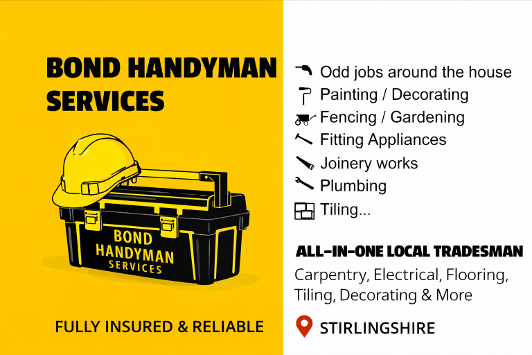 Bond-Handyman-Services-Stirlingshire Yellow background featuring a toolbox and text about a local, all-in-one handyman services in Stirling.